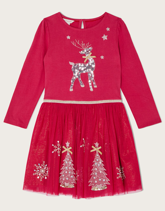Christmas Reindeer Long Sleeve Disco Dress, Red (RED), large