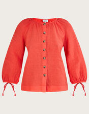 Round Neck Tie Cuffs Linen Blouse, Red (RED), large