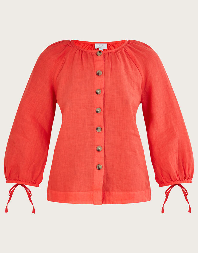 Round Neck Tie Cuffs Linen Blouse, Red (RED), large