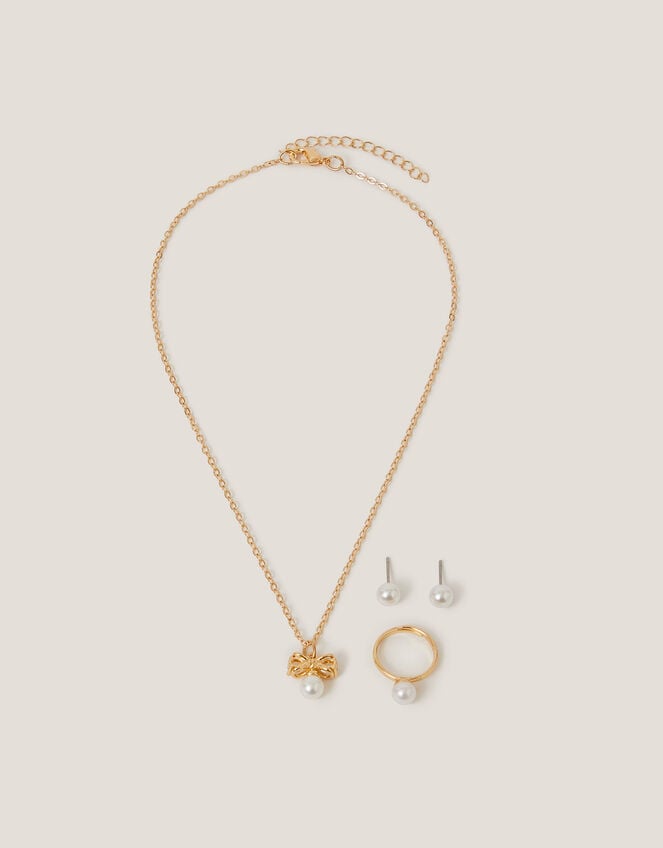 Pearl Bow Pendant Jewellery Set, Gold (GOLD), large