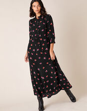 Rose Print Midi Dress in Sustainable Viscose, Black (BLACK), large