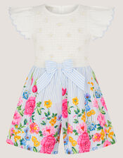 Floral Print Bow Shirred Playsuit, Blue (BLUE), large