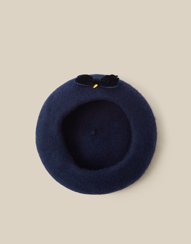 Velvet Bow Wool Beret, Blue (NAVY), large