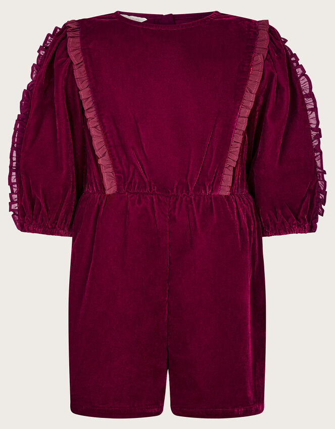 Velvet Ruffle Playsuit, Red (BURGUNDY), large