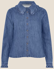 Frill Collar Denim Shirt, Blue (DENIM BLUE), large