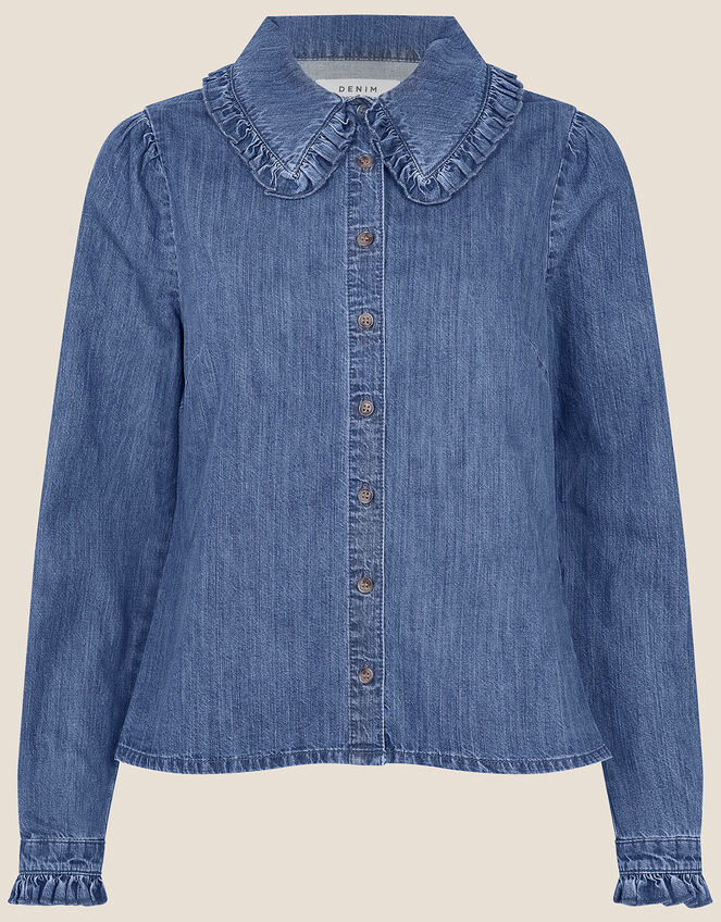 Frill Collar Denim Shirt, Blue (DENIM BLUE), large