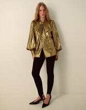 Monsoon x Queens of Archive Debbie Tie Neck Metallic Blouson Blouse​, Gold (GOLD), large