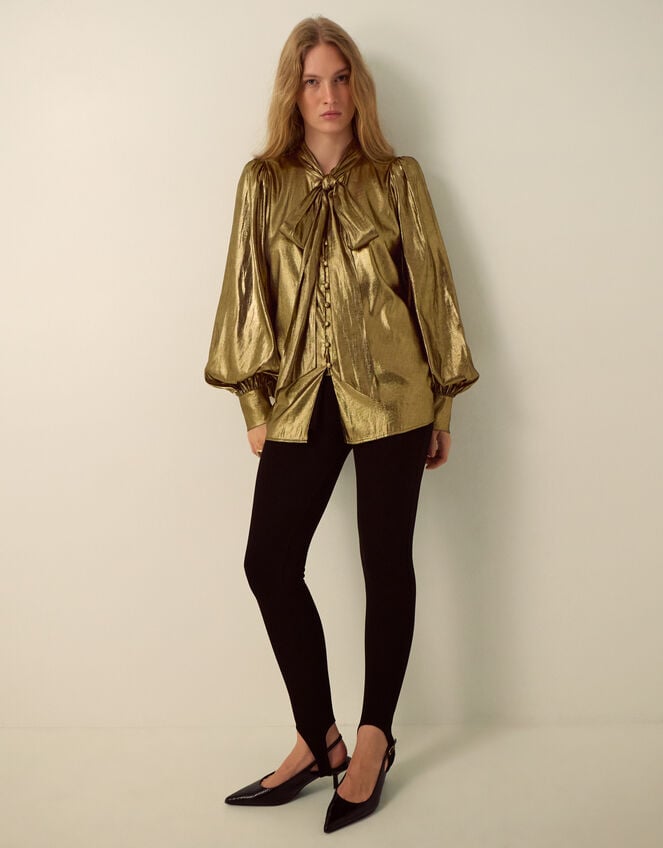 Monsoon x Queens of Archive Debbie Tie Neck Metallic Blouson Blouse​, Gold (GOLD), large