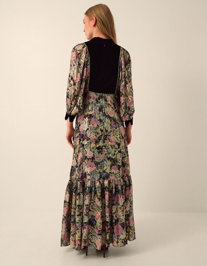 Monsoon x Queens of Archive Patti Velvet Bib Metallic Floral Jacquard Maxi Dress​, Black (BLACK), large