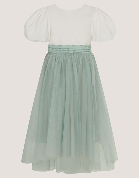 Puff Sleeve Satin Tulle Dress, Green (SAGE), large