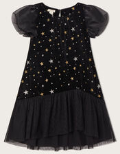 Star Velvet Ruffle Hem Dress, Black (BLACK), large
