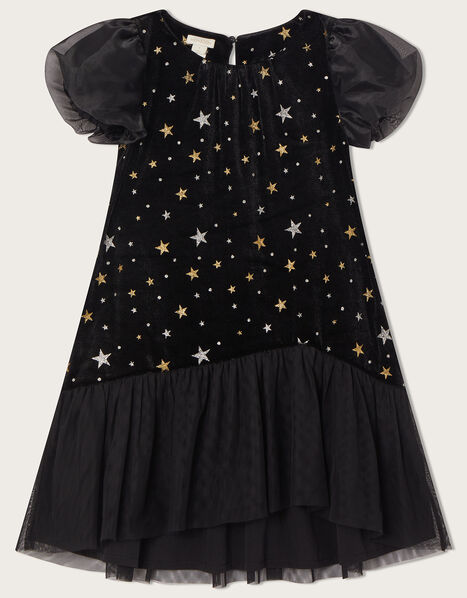 Star Velvet Ruffle Hem Dress Black, Black (BLACK), large