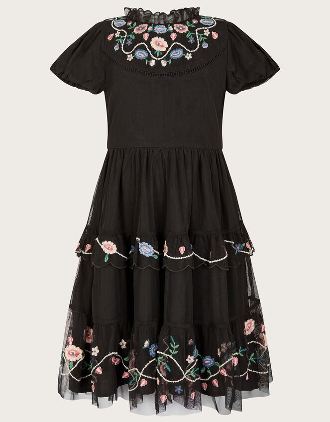 Embroidered Tier Mesh Dress in Recycled Polyester, Black (BLACK), large