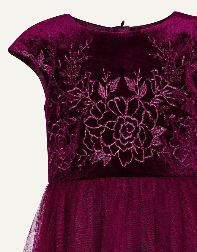 Floral Embroidered Velvet Dress, Red (BURGUNDY), large