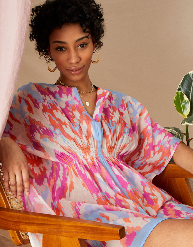 Ikat Printed Kaftan in Organic Cotton, Multi (MULTI), large