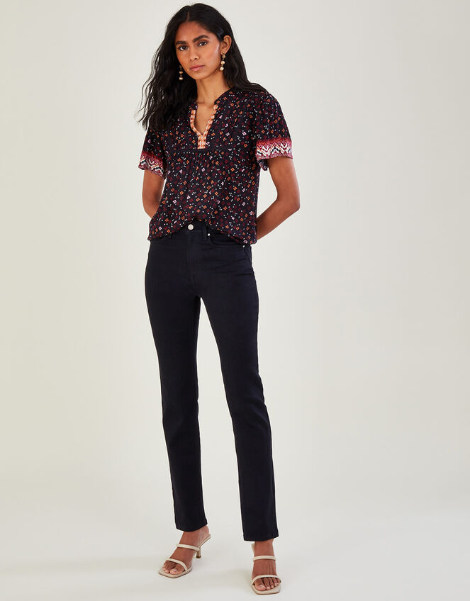 Print Heritage Border Short Sleeve Top, Black (BLACK), large