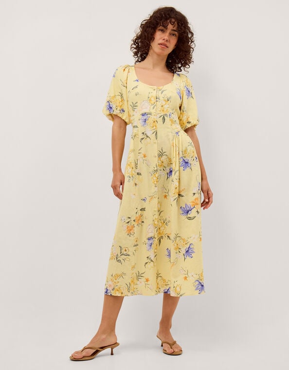 Etta Floral Linen Blend Midi Dress, Yellow (YELLOW), large