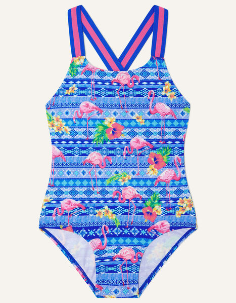 Flamingo Print Stripe Strap Swimsuit Blue, Blue (BLUE), large