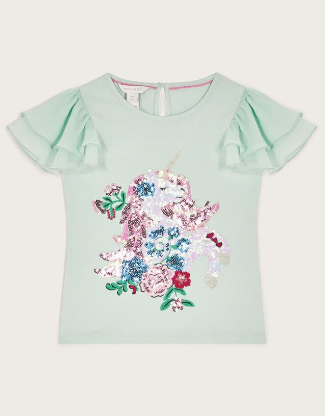 Sequin Unicorn Frilly T-Shirt, Green (GREEN), large