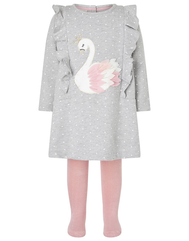 Baby Swan Sweat Dress and Tights Set, Grey (GREY), large