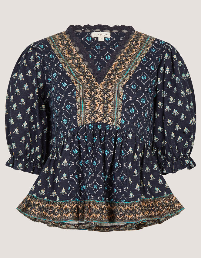 Stacee Puff Sleeve Print Jersey Top, Blue (NAVY), large