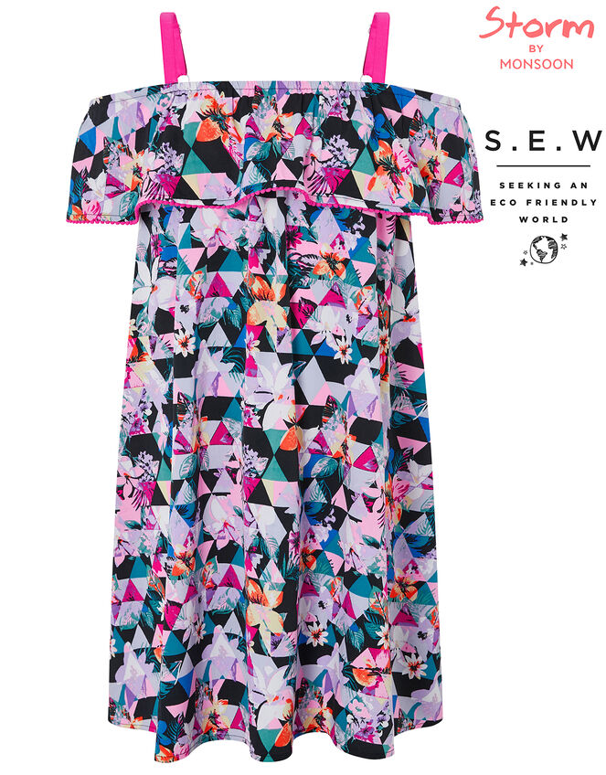 Eliza Bardot Printed Dress in Recycled Polyester, Black (BLACK), large