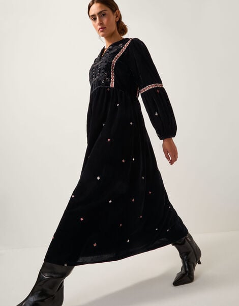 Noni Embroidered Velvet Long Sleeve Midi Dress, Black (BLACK), large