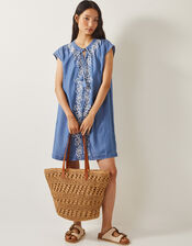 Isolde Embroidered Chambray Mini Dress, Blue (DENIM BLUE), large