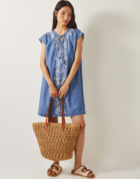 Isolde Embroidered Chambray Mini Dress, Blue (DENIM BLUE), large