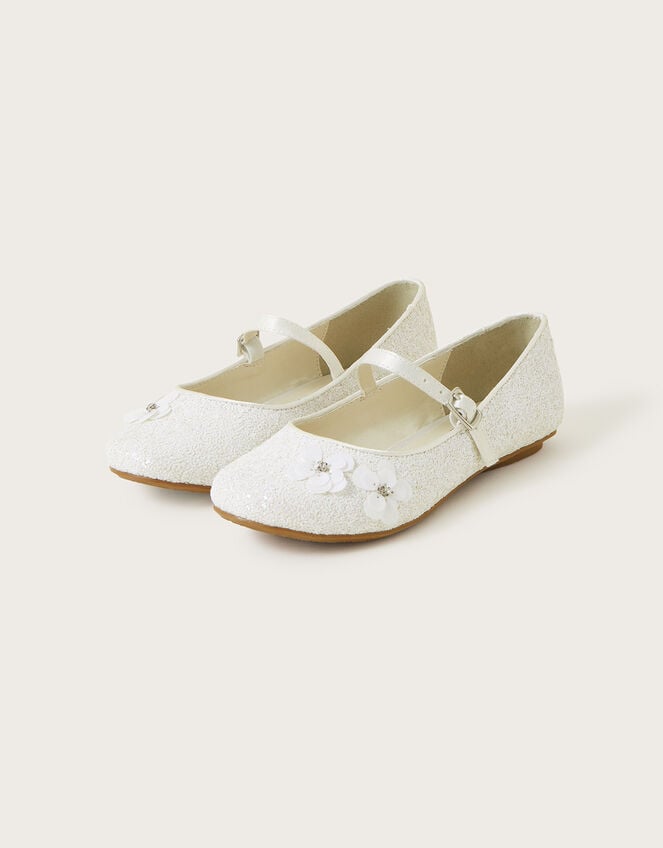 Sequin Flower Glitter Ballerina Flats, Ivory (IVORY), large