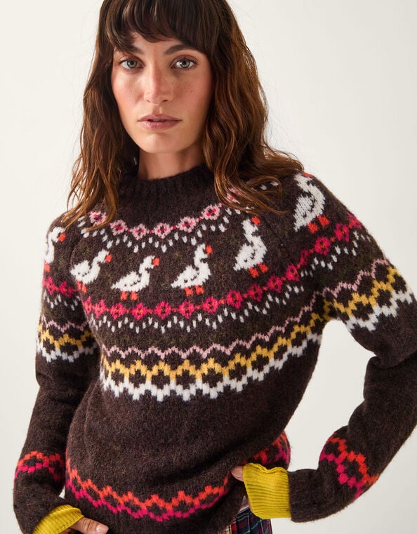 Monsoon x Sarah Corbett-Winder Duck Fair Isle Sweater, Brown (CHOCOLATE), large