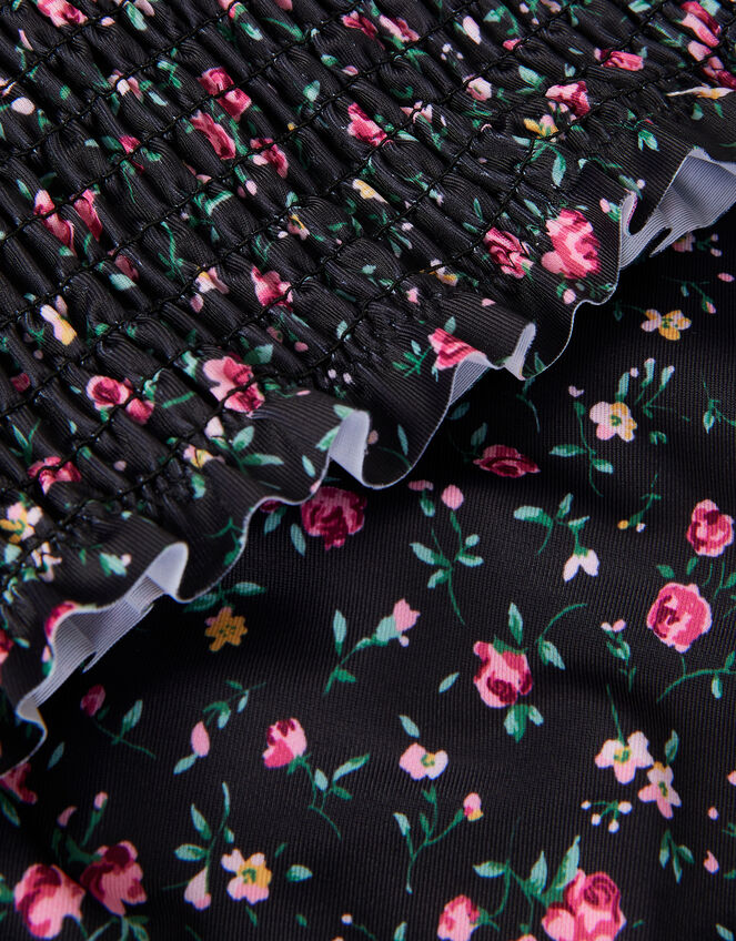 Ditsy Floral Smocked Bikini Set, Black (BLACK), large