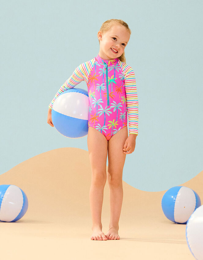Hatley Palm Print Long Sleeve Swimsuit, Pink (PINK), large