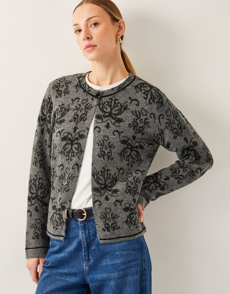 Jess Jacquard Cardigan, Grey (CHARCOAL), large