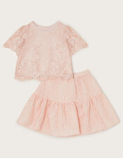 Anna Jacquard Lace Top and Skirt Set, Pink (PINK), large