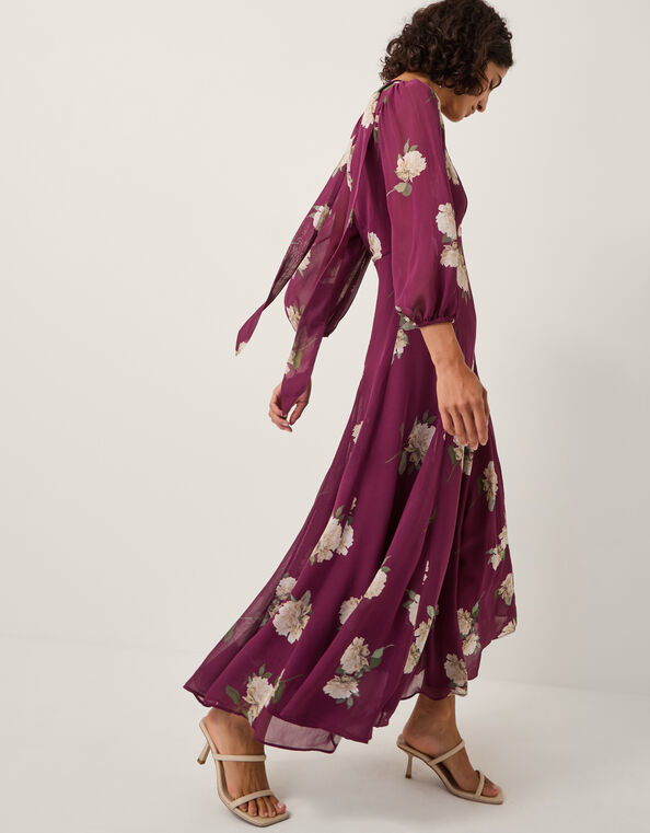 Amber Floral Print Midi Dress & Scarf, Red (BURGUNDY), large