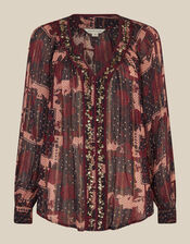 Poppy V-Neck Embellished Patchwork Blouse, Red (BURGUNDY), large