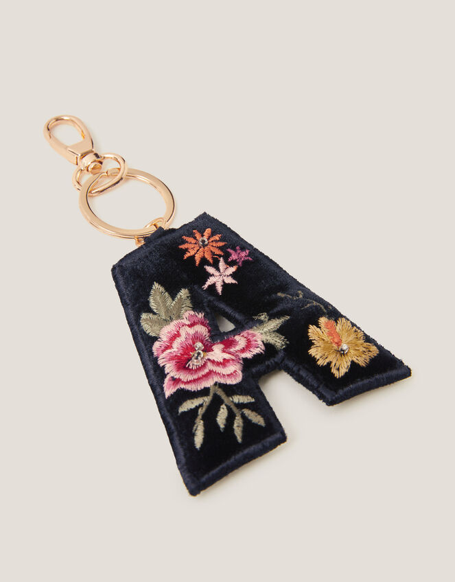Floral Embroidered Initial Keyring, Black (BLACK), large