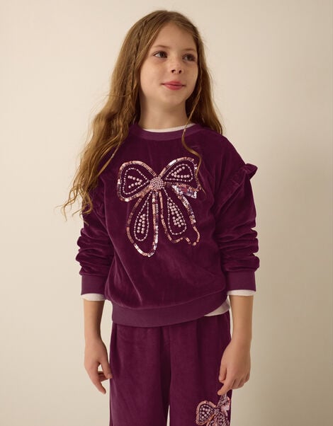 Bow Embellished Velour Sweatshirt, Brown (BROWN), large