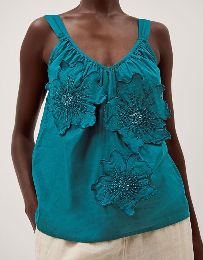 Rosalie Sleeveless Floral Embellished Top, Teal (TEAL), large
