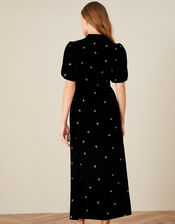 Embroidered Feather Velvet Maxi Dress, Black (BLACK), large