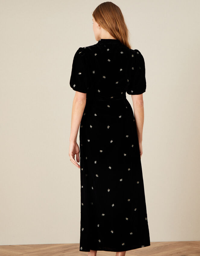 Embroidered Feather Velvet Maxi Dress, Black (BLACK), large