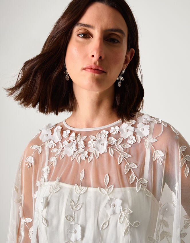 Celeste Satin Wedding Dress with Floral Embellished Cape, Ivory (IVORY), large