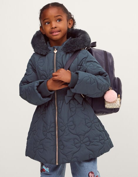 Bonnie Bow Quilted Puffer Coat, Blue (NAVY), large