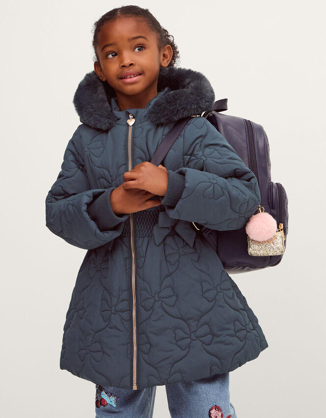 Bonnie Bow Quilted Puffer Coat, Blue (NAVY), large