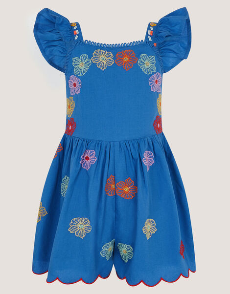 Floral Embroidered Scallop Playsuit, Blue (BLUE), large