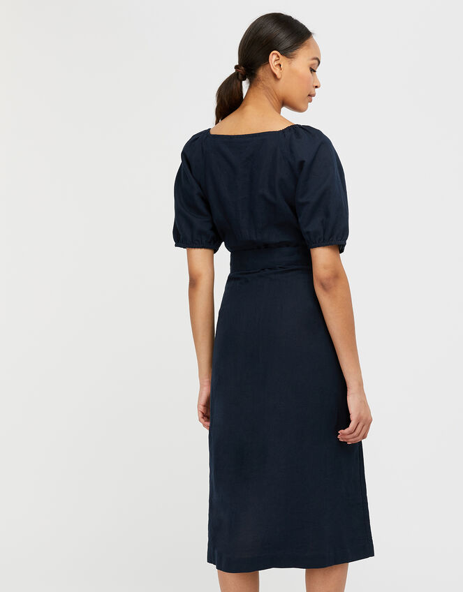 Tina Midi Dress in Linen and Organic Cotton, Blue (NAVY), large