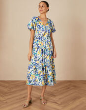 Floral Tiered Wrap Dress in Recycled Polyester, Blue (BLUE), large