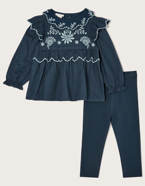 Baby Embroidered Blouse and Leggings Set, Blue (NAVY), large