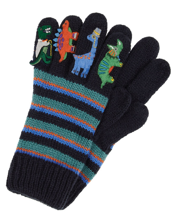 Dino Stripe Knit Gloves, Blue (BLUE), large